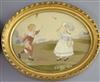 After Kate Greenaway. A pair of silkwork panels depicting children at play worked by Dorothy Vernon Williams of 6 x 7.5in.             