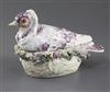 A Derby 'Jacobin pigeon' tureen and cover, c.1760, length 22cm, restoration to tail                                                    