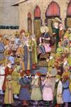 An Indian Mughal style painting of a court scene, 57 x 36cm                                                                            