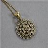 A 9ct gold and diamond cluster pendant on a 9ct gold fine link chain, pendant overall 19mm.                                            