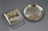 A silver cigarette box and four silver dishes/coasters.                                                                                