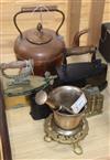 A copper kettle, two flat irons and sundry metalware                                                                                   