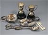 Four small silver spoons and twelve plated items, including set of eight small dishes.                                                 