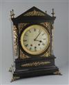 A Victorian ormolu mounted and ebonised chiming bracket clock, H.21in., with mahogany wall bracket                                     