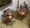 Two William IV copper hot water urns, a Victorian copper kettle on stand and a post horn                                               