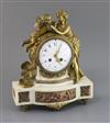 A 19th century French ormolu, white marble and copper eight day mantel clock, height 13in.                                             