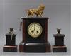 A Victorian rouge and black marble clock garniture, the clock of architectural form                                                    