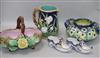 A Majolica jug, basket, Arts and Crafts bowl and a pair of faience shoes JUG H.19cm.                                                   