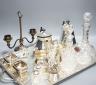 A quantity of silver plated tea/coffee wares including two handled tray, decanters, salts etc., 62cm                                                                                                                        