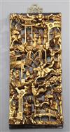 A Chinese carved giltwood panel depicting Courtesans and Warriors, H.54cm x W.24.5cm                                                   