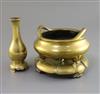 A Chinese polished bronze censer with stand and a similar bottle vase, 17th/18th century, censer 16cm diameter, vase 15.5cm high       