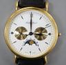 A modern 18k Mathey-Tissot calendar moonphase quartz wrist watch, on a black leather strap, no box or papers.                                                                                                               