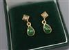 A pair of 18ct gold, jadeite and diamond drop ear studs, overall 18mm.                                                                 