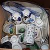 Royal Doulton oval blue and white meat dish, two Continental porcelain figures, a pair of Staffs dogs, Imari dish etc.                 