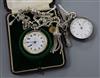 A silver pocket watch with Arabic enamelled dial on elaborate white metal chain and another silver pocket watch with fancy chain       