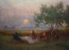 Owen Baxter Morgan (fl.1905-1932), Cattle watering at sunset, oil on canvas, 54 x 74cm                                                                                                                                      