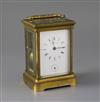 James Walter Marshall. A late 19th century French ormolu cased quarter repeating carriage alarm clock, width 3.75in. depth 3.25in. heig