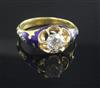 A late Victorian gold, blue enamel and claw set solitaire diamond ring, size P.                                                        