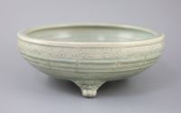 A large Chinese Longquan celadon tripod censer, Ming dynasty, 15th century, 31cm diameter                                              