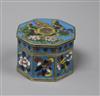 A Chinese cloisonne enamel octagonal box and cover, c.1900, decorated with the eight symbols of Good Fortune height 4cm                