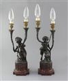 After Clodion. A pair of 19th century French bronze and ormolu candelabra, 18in., later fitted for electricity                         