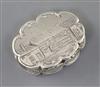 A Victorian silver cusped oval vinaigrette by Nathaniel Mills, the lid engraved with houses,                                           