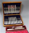 A cased set of twelve pairs of late Victorian silver dessert eaters and a cased knife and fork.                                        