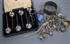 A cased set of silver coffee spoons and mixed jewellery etc. including silver charm bracelet.                                          