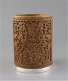 A Chinese bamboo brush pot, 19th century, H.18cm, rim mount lacking                                                                    