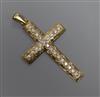 A modern engraved 9ct gold and cubic zirconia? set cross pendant, 66mm.                                                                