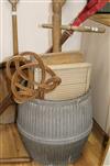 A galvanised tin wash barrel, a washing dolly and two wash boards                                                                      