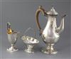 An early 1970's 18th century style silver three piece coffee set by C.J. Vander Ltd, gross 38.75 oz.                                   