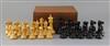 A 4 inch weighted wooden Jaques chess set , ebony and boxwood, in original mahogany box,                                               