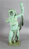 A bronzed lead garden statue of a putto holding aloft a torch, 39in.                                                                   