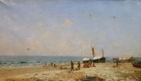 Luigi Steffani (Italian, 1827-1898) Fisherwoman and children on the beach 23 x 39in.                                                   