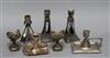 A pair of squat Secessionist candlesticks, two candle holders and three others, the majority WMF                                       