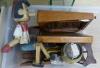 Miscellaneous items, including a small brass bowl, an oak 'Madeira' casket on stand, a bird scarer, coffin plane, etc.                                                                                                      