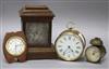 Two alarm clocks, a travel clock and a re-cased movement, 17cm                                                                         