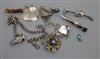 Mixed jewellery including including silver and Scottish dirk brooch and Art Nouveau pendant brooch.                                    