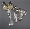 Five George V silver coffee spoons, three William IV / Victorian mustard spoons and two George III berry spoons. 7 oz.                 