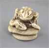 A Japanese ivory netsuke of the 'sansukumi' (snake, frog and snail), 19th century, signed, 4cm (no. 592)                               