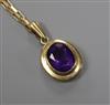 A modern 9ct gold and amethyst drop pendant on a 9ct gold chain, pendant 14mm.                                                         