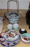 A Canton enamel basket and porcelain items                                                                                             