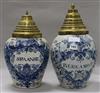 Two Dutch delft drug jars "Spanse" and "Bergomot", with brass covers height 37cm                                                       