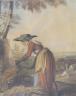 Early 19th century English School, hand coloured lithograph, Woman harvesting bracken, eglomised framed, 43 x 34cm                                                                                                          