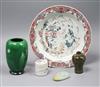 A Chinese famille rose plate, a jar and cover, two small vases and a jade carving dish diameter 21.5cm                                 