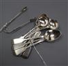 A set of six Victorian silver egg spoons, London, 1867, a pair of Edwardian tongs and two salt spoons.                                 