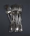 A harlequin set of twelve George IV/William IV silver fiddle pattern dessert forks, 18 oz.                                             