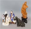 A Chinese wood carving, two Chinese porcelain figures and a bronze                                                                     