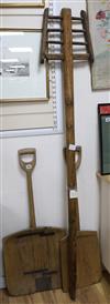 Two Victorian ash handled drain spades and an adze (3)                                                                                 